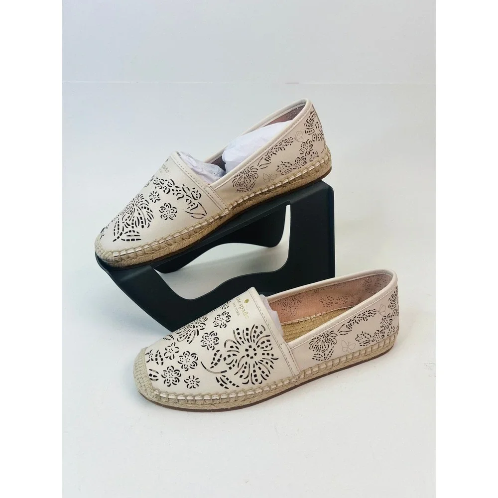 Kate Spade Gwen‎ Floral Flutter Espadrille Flats Parchment Leather Womens 8B